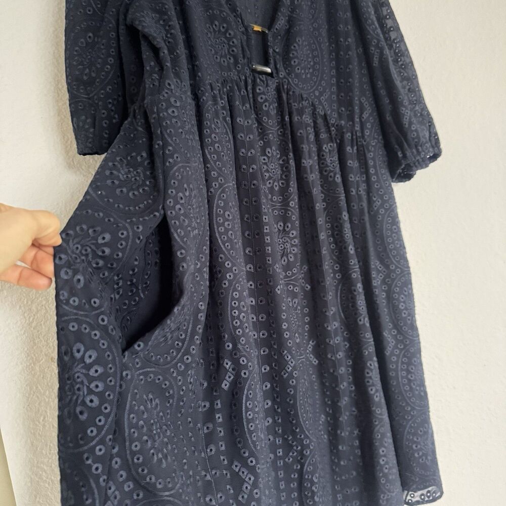 Ba&sh Brancia Short Navy Dress Flared Eyelet Sz M US 6 Quiet Luxury V Neck  $345 - Picture 12 of 16